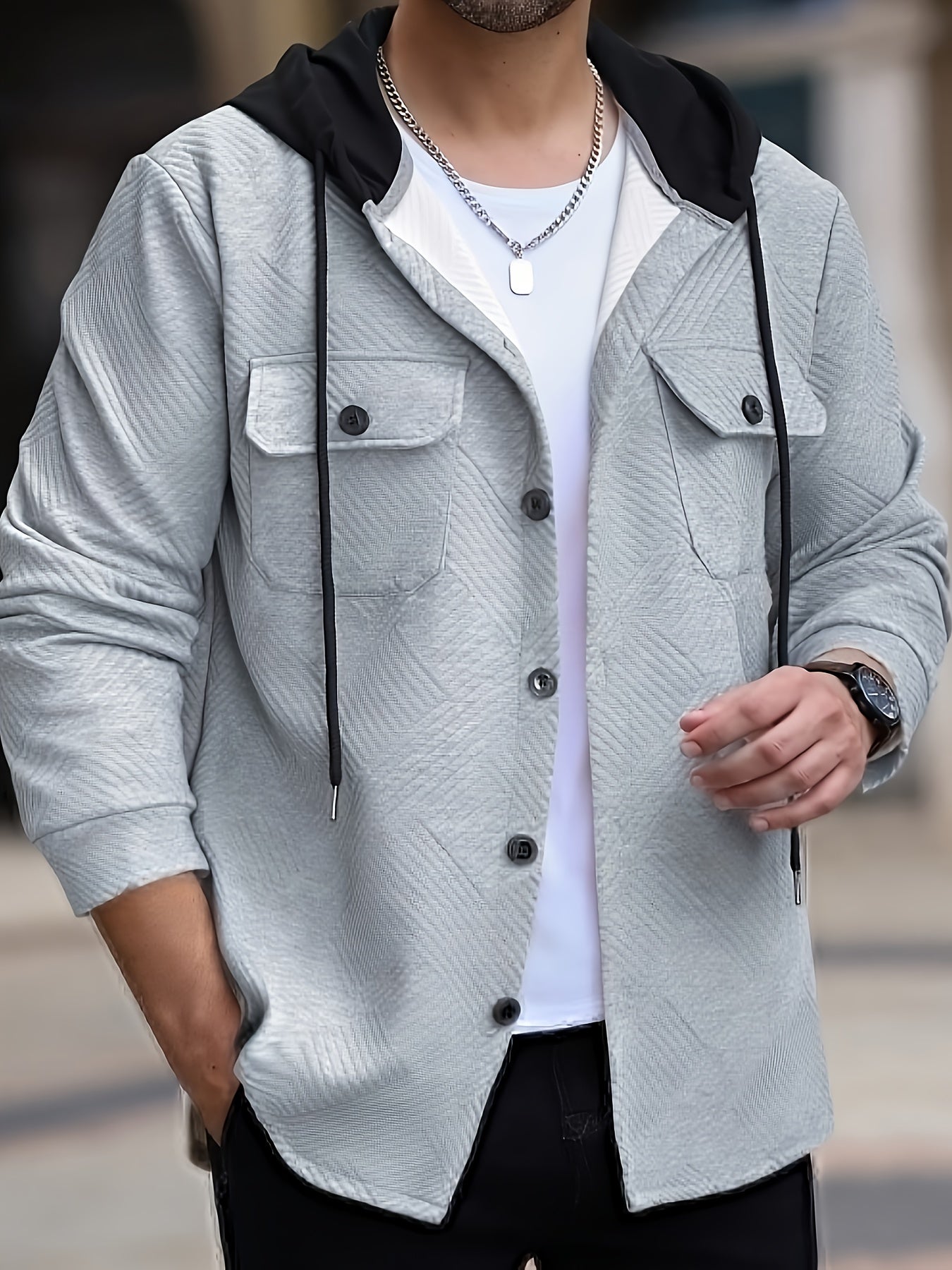 Տղամարդու առօրյա գլխարկով սվիտեր - միագույն երկար թևքով սվիտեր՝ կոճակներով առջևի մասով, սովորական չափսի աշնանային ձմեռային վերնազգեստ ամենօրյա զբոսանքների համար, սվիտեր-բաճկոն, դիմացկուն գործվածք, տրիկոտաժե