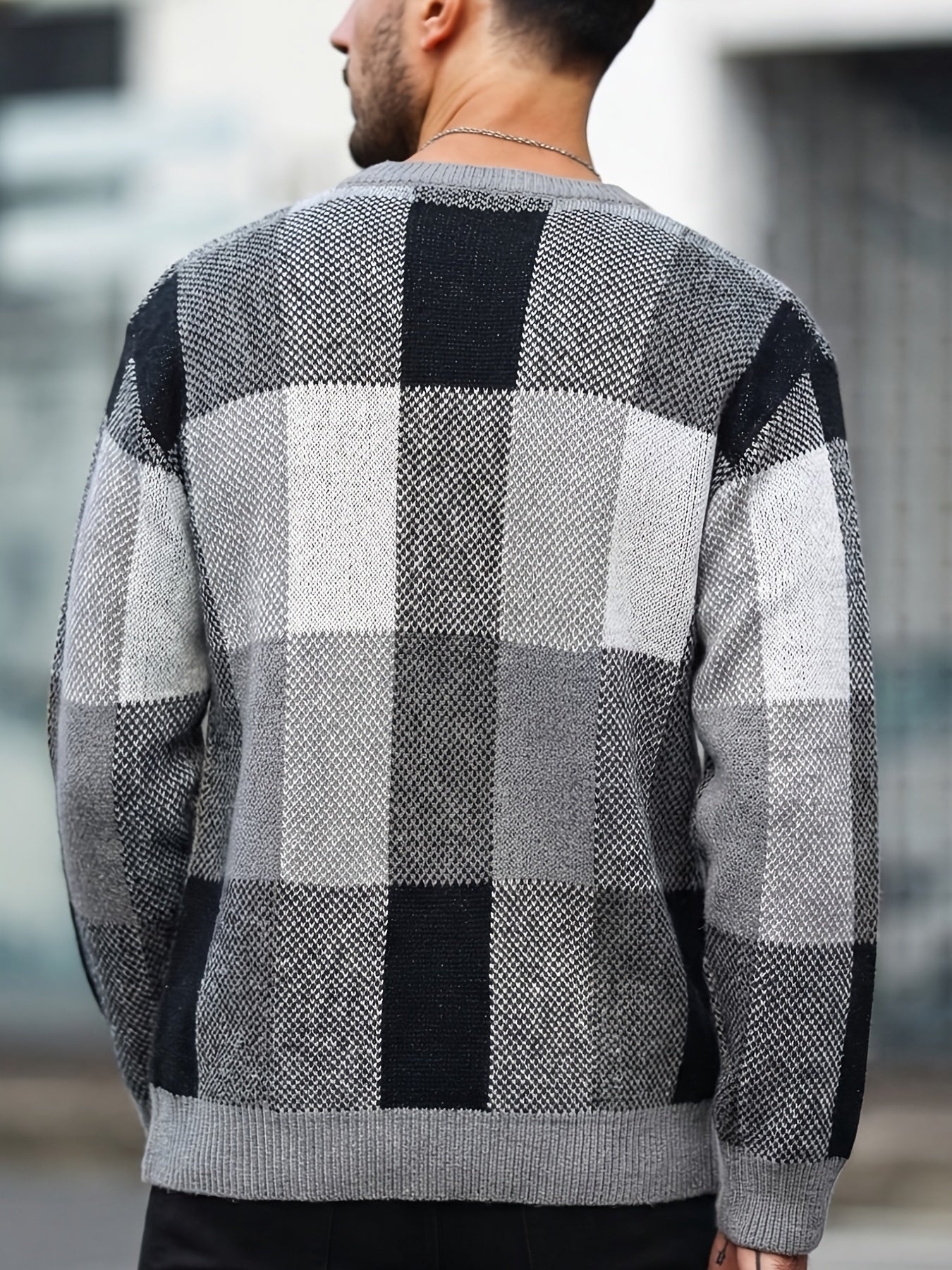 Men'S Casual Plaid Crew Neck Knit Sweater | Loose Fit, Long Sleeve, Fashionable Color Block Design, Suitable for Fall/Winter