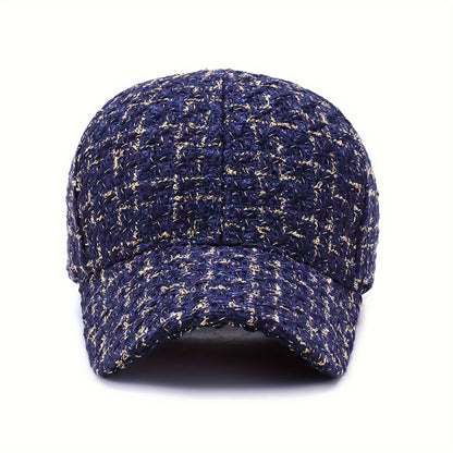 1pc Trendy Black & White Checkered Baseball Cap with Sparkly Golden Embroidery - Stylish Sun Protection Hat for Spring and Fall, Hand Wash Only, Polyester Material, Casual Wear Hat | Checkered Pattern Cap | Woven Texture Cap