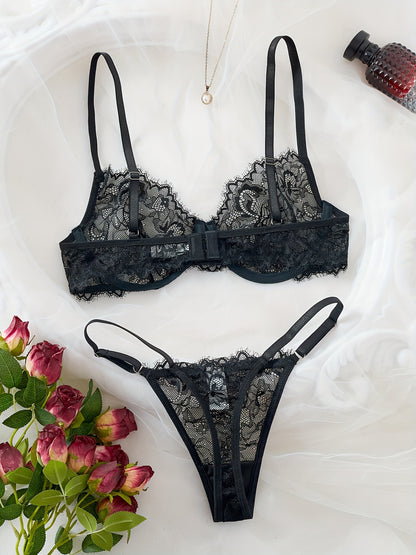 Sexy Lace Eyelash Strappy Lingerie Set for Women