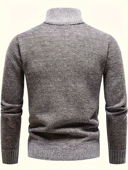 Men's Fleece-Lined Warm Knit Sweater - Autumn/Winter, Solid Color with Stand Collar & Short Zipper Placket, Long Sleeve, Polyester - Ideal for Hiking, Cycling & Casual Attire, Winter Sweater