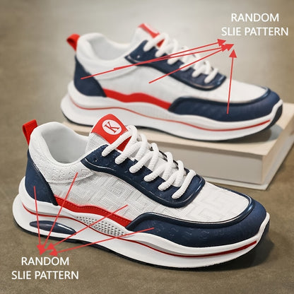 Men's Lightweight Breathable Low-Top Sneakers - PU Upper  PVC Sole, White/Navy/Red Accents, Lace-Up Round Toe for Casual, Outdoor, Running  Gym - All-Season Comfort Shoes, Casual Footwear, Geometric Pattern, Comfortable Fit