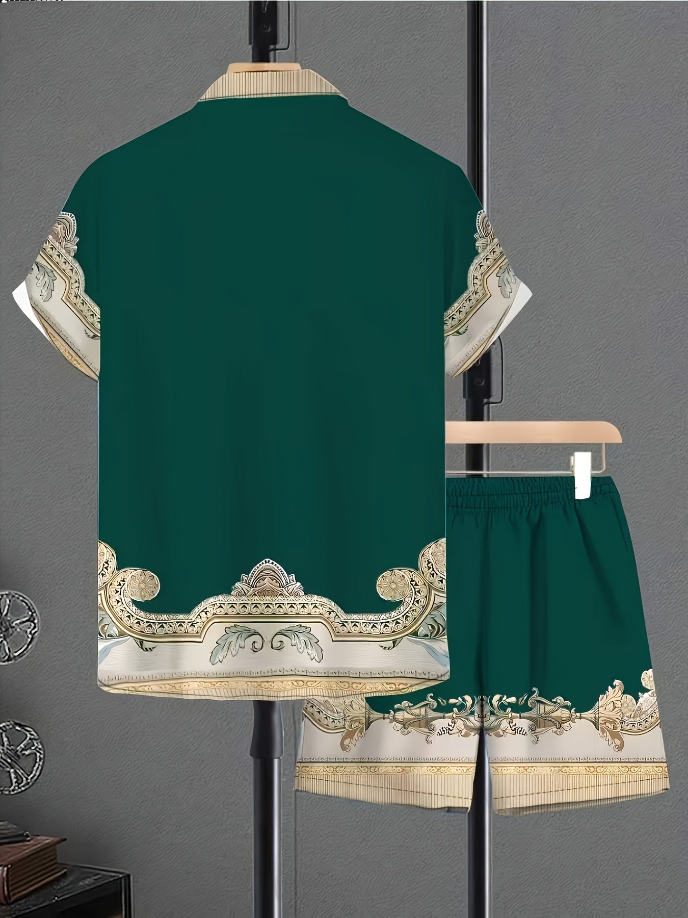 Men's Summer Green Baroque Print Short-Sleeve Shirt & Shorts Set