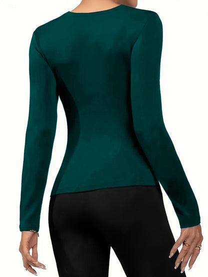 Women'S V-Neck Long Sleeve Top - Elegant Maroon Blouse with Fire Design, Stretchy Fabric for Fall/Winter, Office, Party, Everyday Outfits - Women'S Fashion Clothing, Ladies Tops And Blouses, Party Attire, Office Wear, Stylish