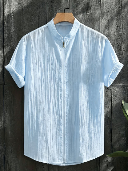 Men's Casual Elegant Short Sleeve Zipper Shirt with Stand Collar