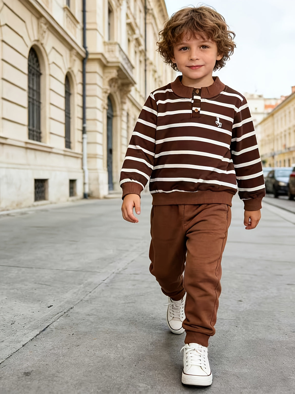 Boys Casual Blue White Striped Long-Sleeve Sweatshirt & Pants Set - ayq