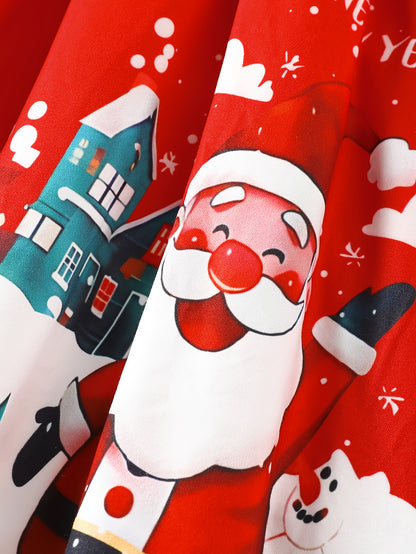 Girls' Christmas Party Dress - Long Sleeve Ruffled Hem Mid-Length Red Dress with Merry Christmas Print, Snowflakes & Santa Hats - Casual Holiday Outfit for Autumn & Winter Festive Celebrations, Durable Construction, Quality S