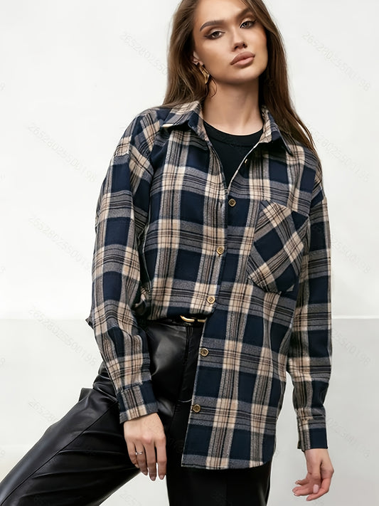 Plaid Long Sleeve Women's Casual Blouse with Lapel Collar
