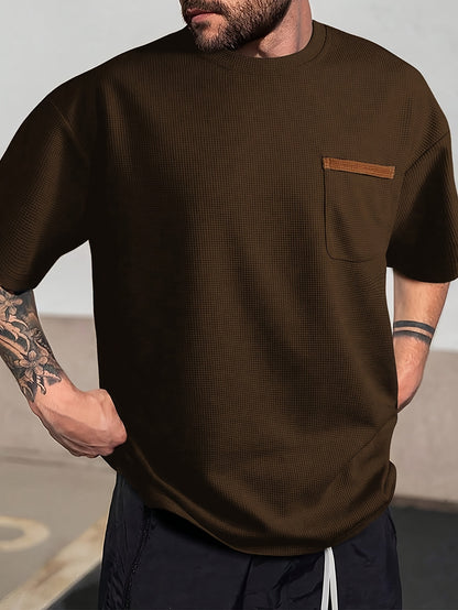 Men's Solid T-shirt With Chest Pocket, Casual Short Sleeve Crew Neck Tee, Men's Clothing For Summer Outdoor