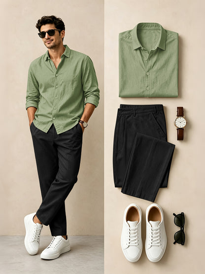 Men's Casual Linen Lapel Shirt & Buckle Pants Set for Spring/Fall