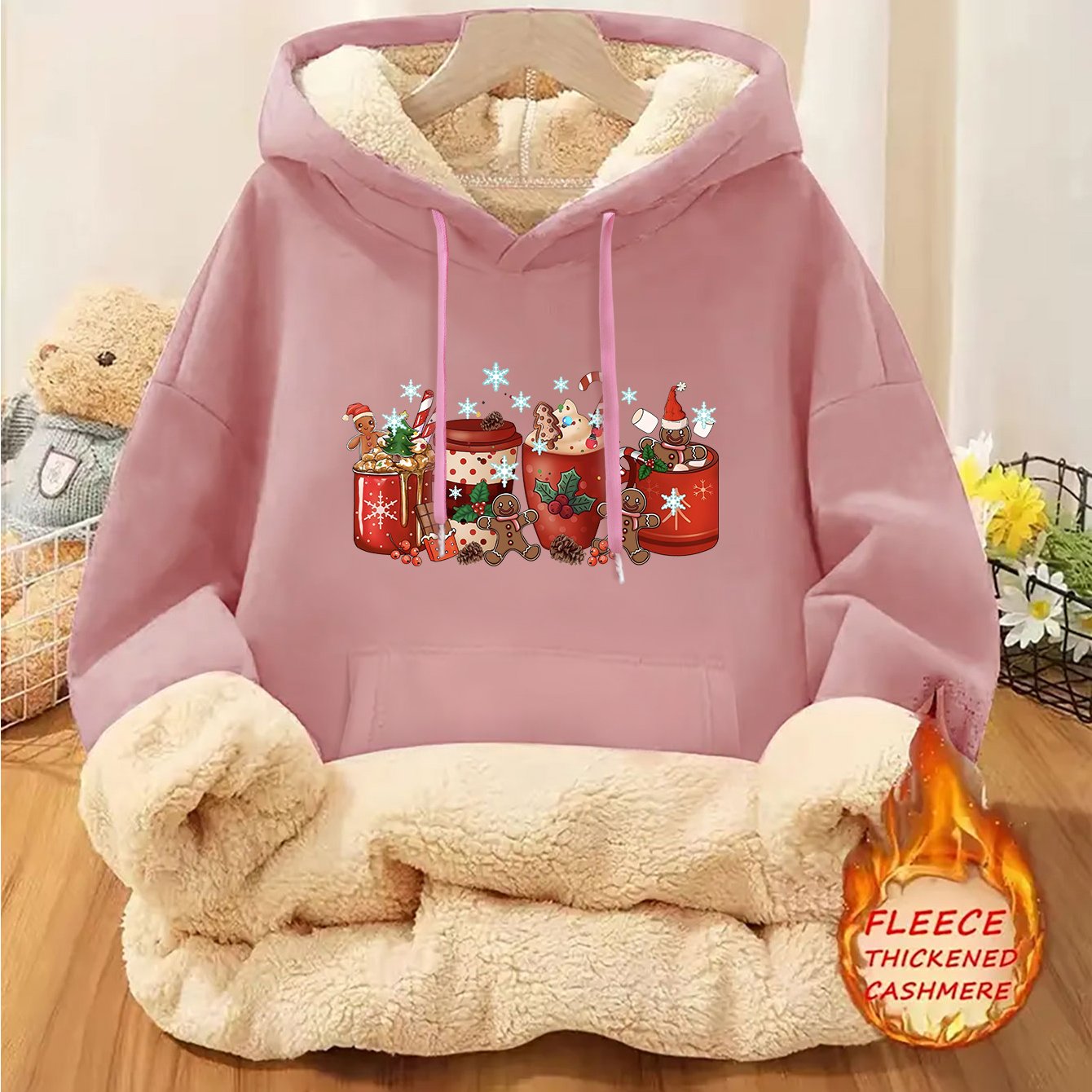 1pc Women's Thick-Lined Hooded Sweatshirt with Gingerbread for Man in Santa Hat & Candy Cane Print - Cozy Plush Lined, Soft Polyester Warm Pullover for Fall/Winter, Machine Washable Casual Outerwear, Cold Weather Wear, Minima