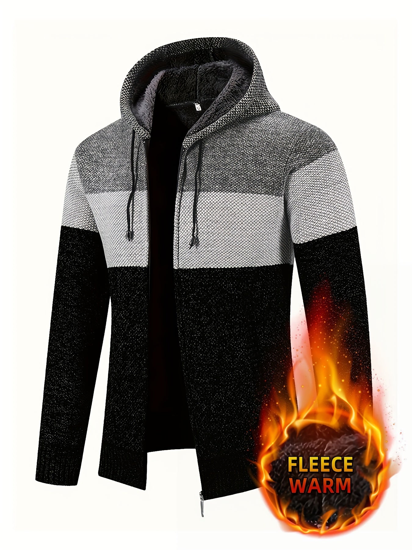 Men'S Fleece-Lined Hooded Sweater | 100% Polyester Knit | Mature Style | Striped Pattern | Long Sleeve | Regular Fit Hoodie with Medium Stretch Fabric | Casual Autumn & Winter Outerwear