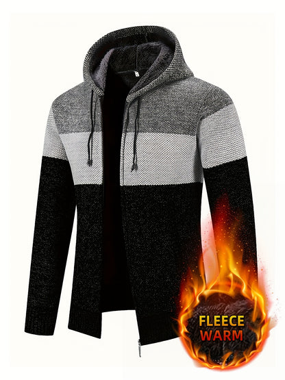 Men'S Fleece-Lined Hooded Sweater | 100% Polyester Knit | Mature Style | Striped Pattern | Long Sleeve | Regular Fit Hoodie with Medium Stretch Fabric | Casual Autumn & Winter Outerwear