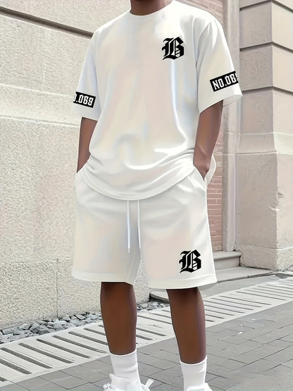 Men's Casual T-Shirt and Shorts Set with Bold "B" Print - Polyester Knit Fabric, Machine Washable, Summer Streetwear, Perfect for Outdoor Activities and Comfortable Leisure Wear