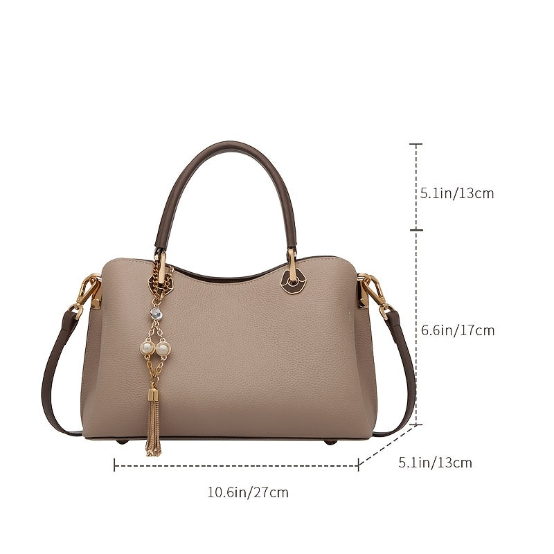 Elegant Large-Capacity Women's Leather Tote Bag with Tassel