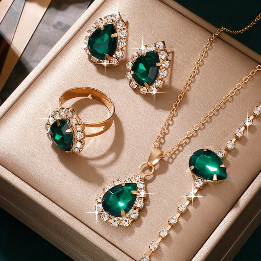 Elegant 5pcs Green Rhinestone Jewelry Set for Women - Sparkling Studs, Necklace, Ring & Earrings - Perfect for Daily Wear or Parties
