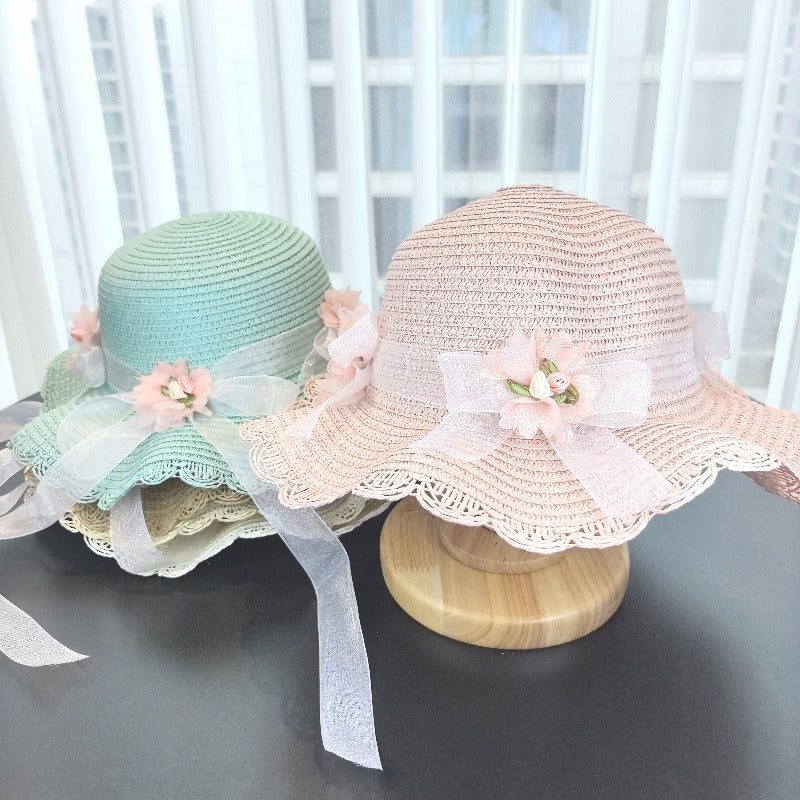 Girls 2pcs Straw Sun Hats Lightweight Floral Fisherman Style
