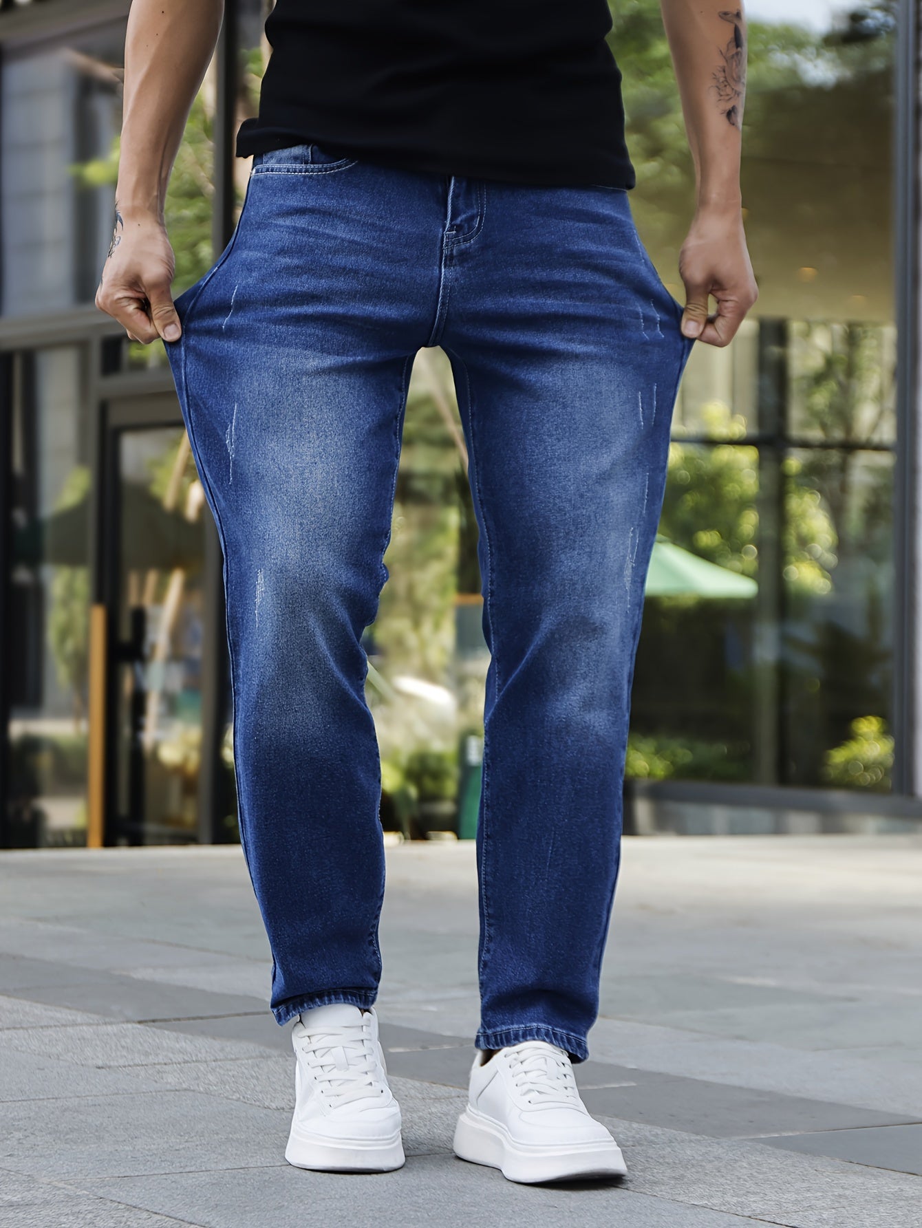 Men's Classic Slim Fit Jeans - Stretch Denim, Versatile for All Seasons, Solid Color