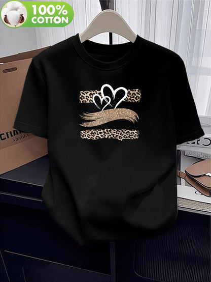 Women's Cotton Short Sleeve T-Shirt with Heart Leopard Print