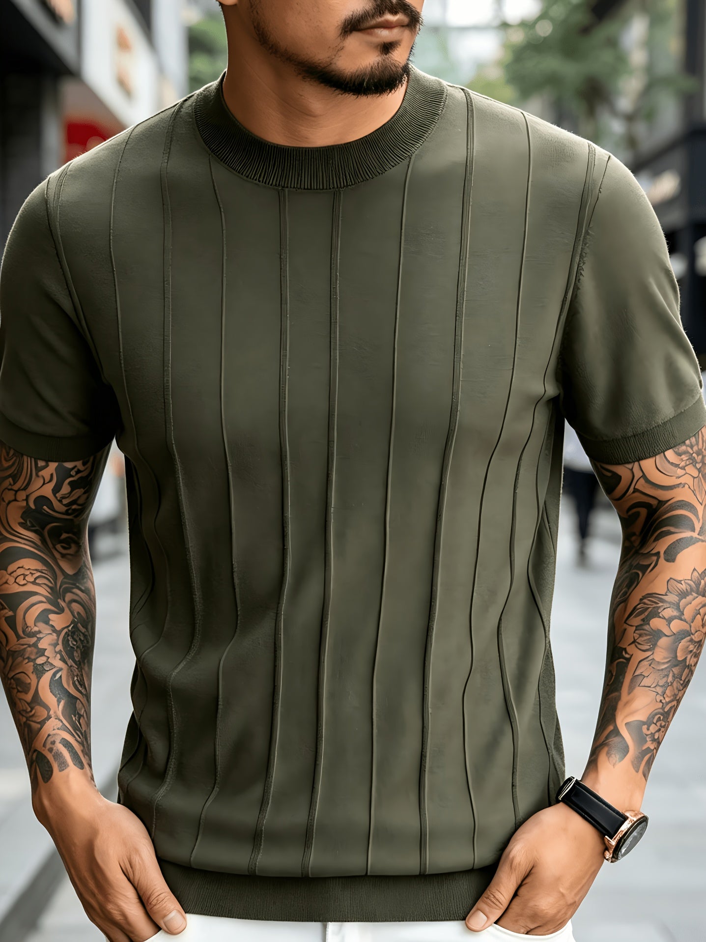 Men's Summer Slim Fit Rib Knit Crew Neck Short Sleeve Top