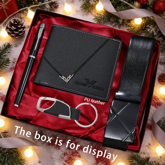 4pcs Men's wallet+Men's belt set, etc., Men's Father's Day gift, daily matching use, retro fashion business trend gorgeous versatile Men's wallet, suitable for holiday gift giving, Christmas Valentine's Day birthday gift (exc