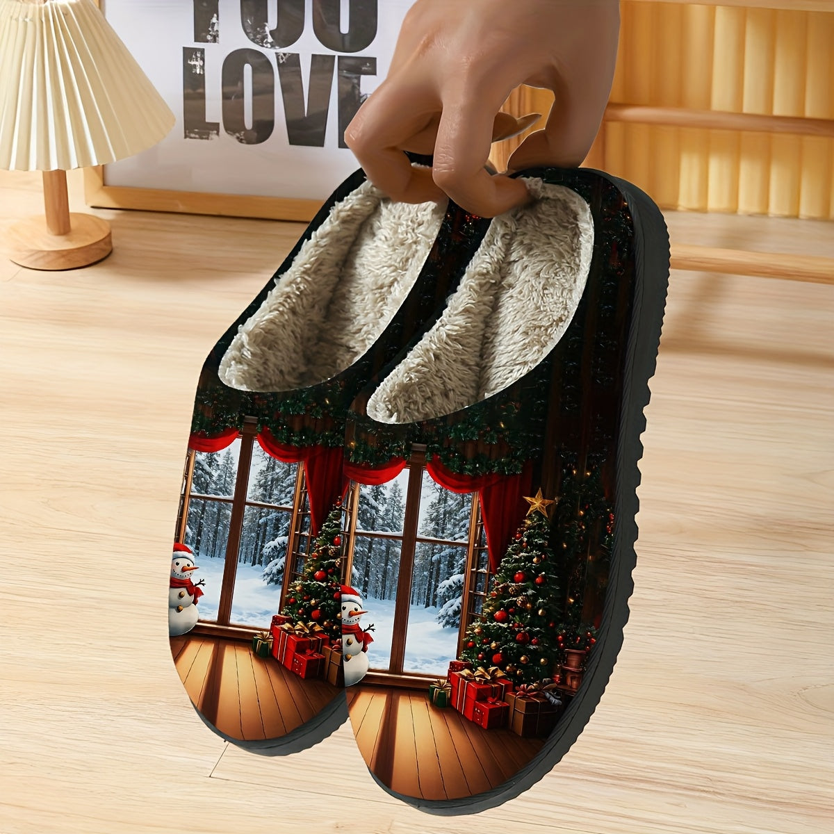 Cozy Plush Slippers for Men & Women - Festive Christmas & Halloween Design with Santa, Snowy Scene, and Red Ribbon Accents | Soft Fabric Upper & TPR Sole | Perfect Holiday Gift for Fall/Winter, Christmas Slippers