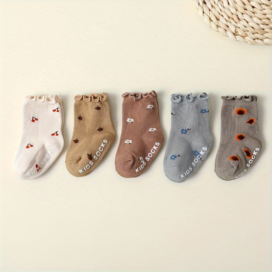 5 Pairs of Baby Girls Solid Color Four Seasons Jacquard Short Socks with Wooden Ears And Glue for Anti-Slip