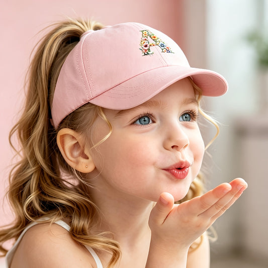 Adjustable Pink Baseball Cap for Kids with Floral Alphabet Design