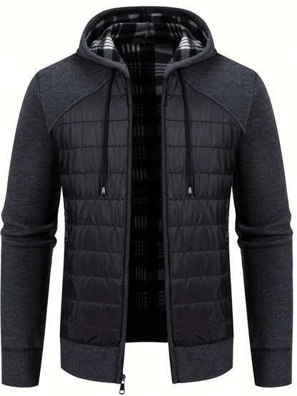 Men's Quilted Hooded Zip-Up Jacket with Plaid Lining for Winter