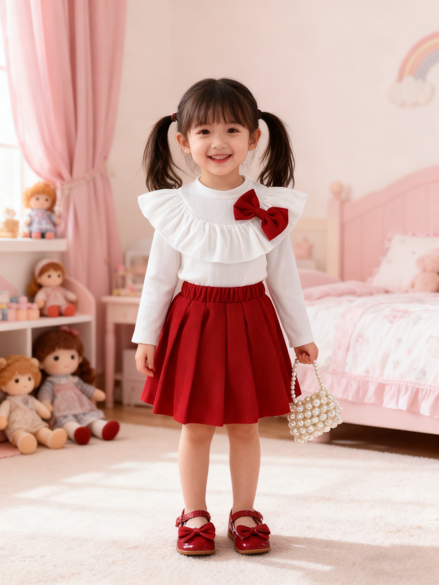 Girls' White Ruffled Sleeve Top & Red Pleated Skirt Set - Sweet Princess Style, Round Neck, Lightweight & Breathable Fabric, Perfect for Spring/Fall, Includes Matching Bow Tie, Ideal for Casual or Special Occasions, Princess
