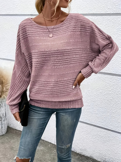 1 հատ Women'S Casual Crew Neck Knit T-shirt - պոլիեսթեր պինդ գույնի երկարաթև վերնաշապիկ գարնան/աշունի համար
