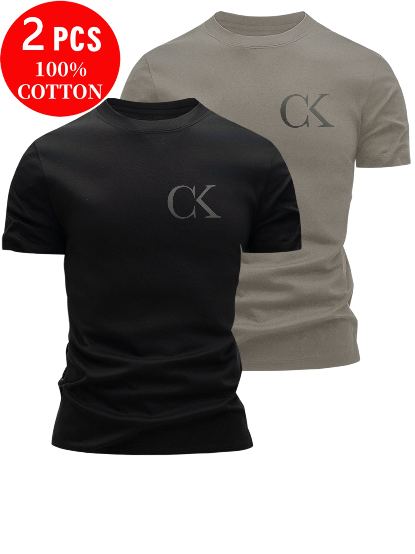 2pcs 100% Cotton Men's T-Shirts, Summer Short Sleeve Slim Fit Tops, Trendy Versatile Casual Basic Style with Minimalist CK Letter Print on Chest for  Flair - ayq