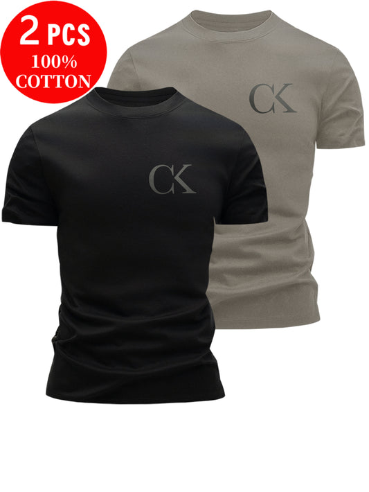 2pcs 100% Cotton Men's T-Shirts, Summer Short Sleeve Slim Fit Tops, Trendy Versatile Casual Basic Style with Minimalist CK Letter Print on Chest for  Flair - ayq