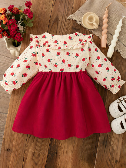 Կարմիր և սպիտակ պուանսետիայով և աստղերի նախշերով զգեստ՝ ծալքավոր օձիքով և ժանյակե զարդանախշով - Երկար թևքերով A-գծով ձմեռային երեկույթի զգեստ Սուրբ Ծննդյան, Նոր տարվա, լուսանկարահանումների համար - Կարճ փափուկ զգեստ (ձեռքով լվացվող հագուստ)