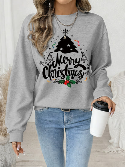 Women's Red Christmas Tree & Lettering Sweater - Cozy Winter Pullover with Round Neck Long Sleeve, Thickened Sweating-Reducing Blouse for Xmas Party Outfits, Family Gatherings (Machine Washable, Autumn/Winter Clothing)