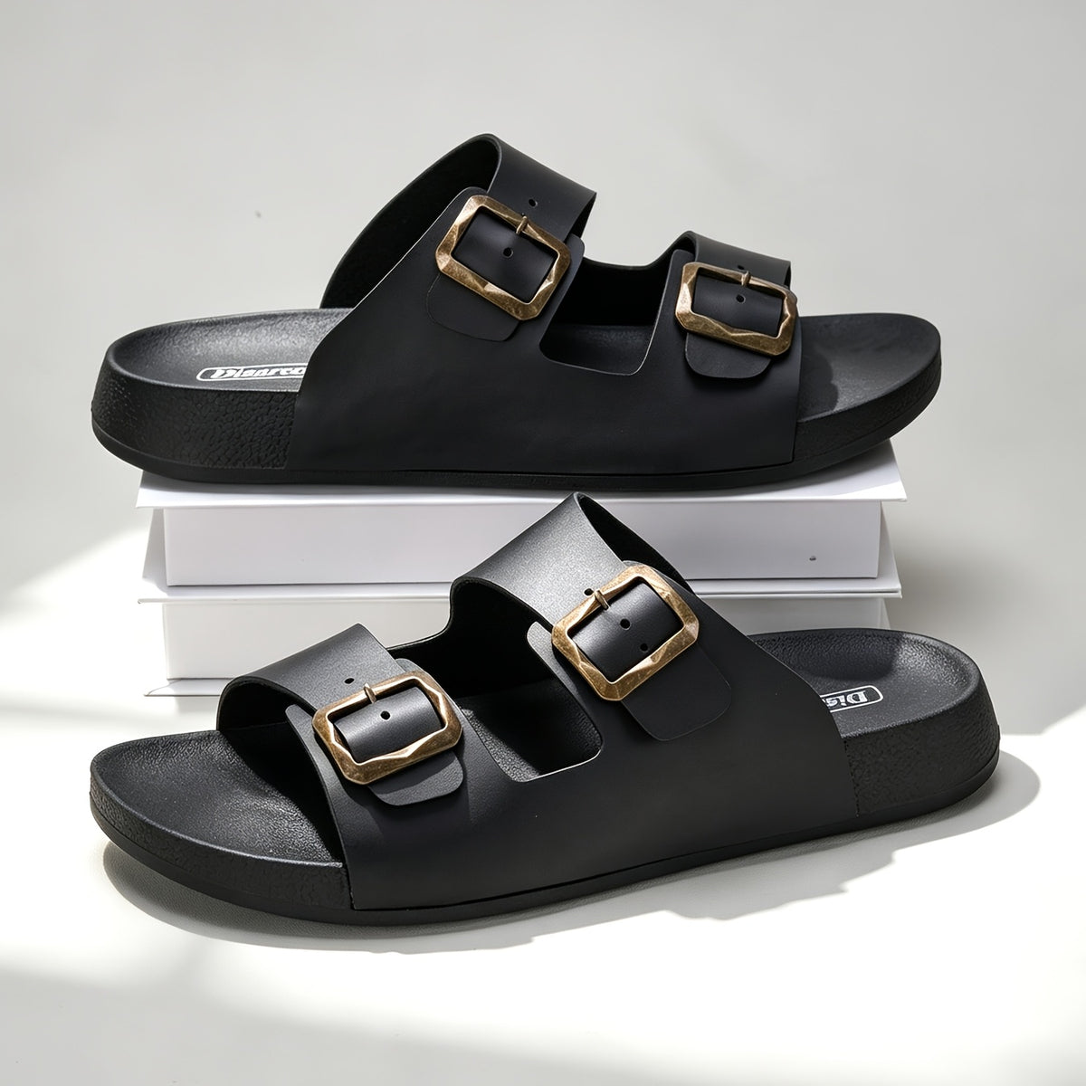 Unisex Retro Slide Sandals with Metal Buckle, Casual Double Strap