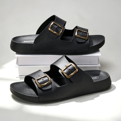 Unisex Retro Slide Sandals with Metal Buckle, Casual Double Strap