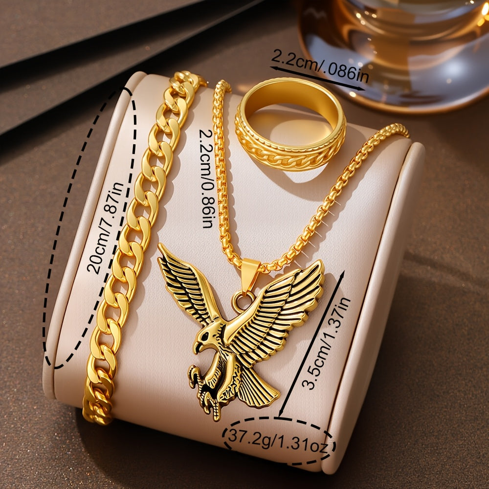 3 հատ «Արծվի գլուխ» կախազարդով ոսկեգույն արծաթափայլ վզնոցի հավաքածու, հաստ շղթա + մատանի 3 հատ հավաքածու, տղամարդկանց թեթև շքեղ նվեր