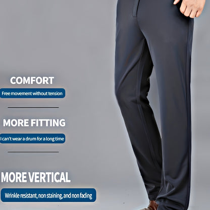 Men's Sleek Business Casual Dress Pants - Solid Black, Straight Leg, Wrinkle-Resistant Polyester Blend, All-Season Formal Trousers with Button Detail