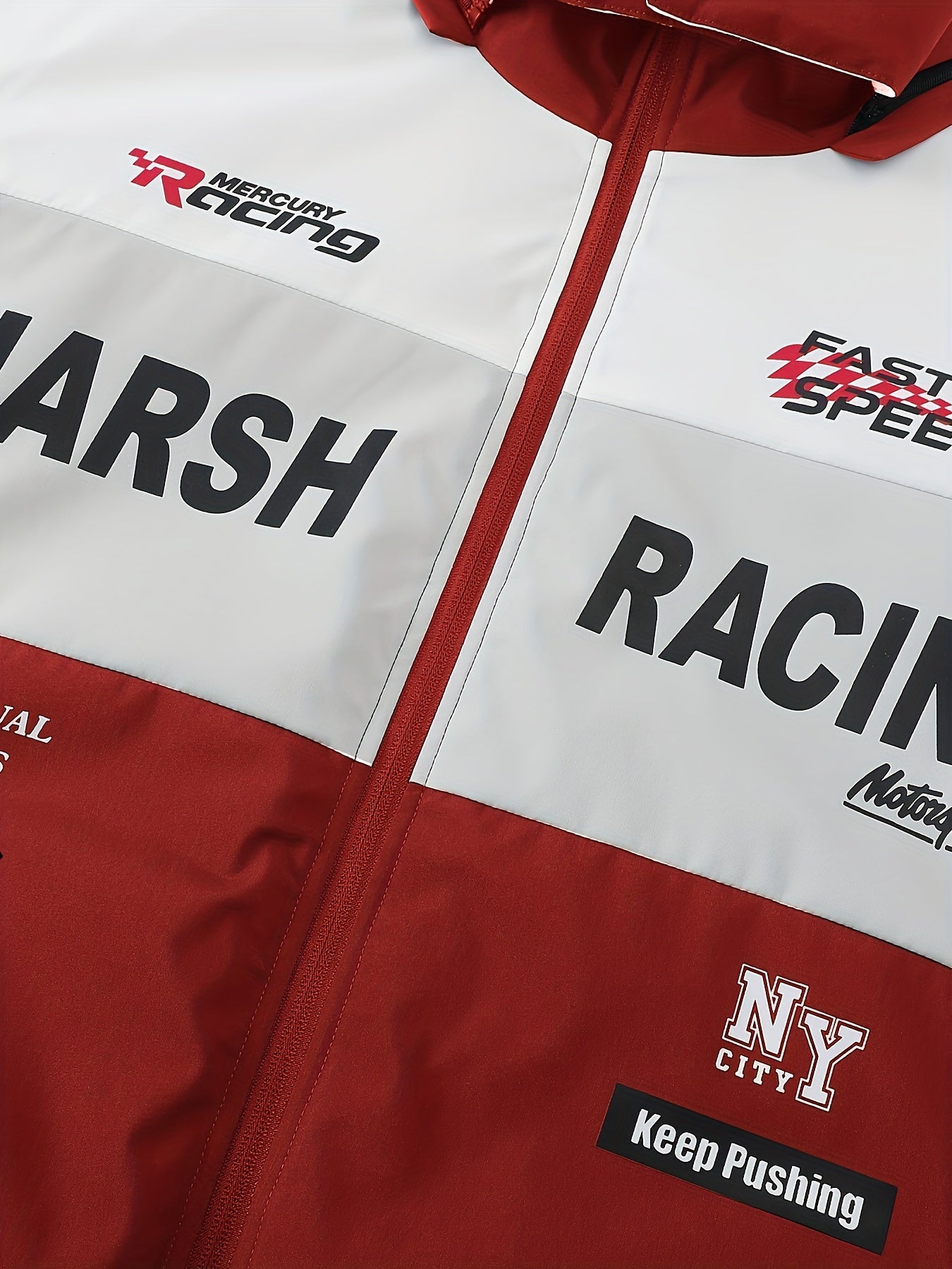 Men'S Casual Motorcycle Jacket, Warm Pilot Fashion Top 6023, 100% Polyester Hooded Collar with Alphabet Pattern, Long Sleeve Regular Fit, Non-Stretch Woven Fabric, Zipper Placket, with Pockets - 280gsm