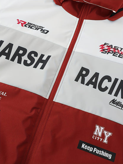 Men'S Casual Motorcycle Jacket, Warm Pilot Fashion Top 6023, 100% Polyester Hooded Collar with Alphabet Pattern, Long Sleeve Regular Fit, Non-Stretch Woven Fabric, Zipper Placket, with Pockets - 280gsm