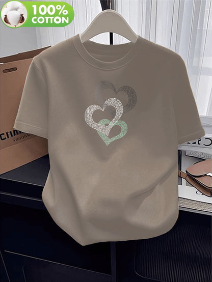 Women’s Cotton Crew Neck T-Shirt with Heart Applique, Casual Fit