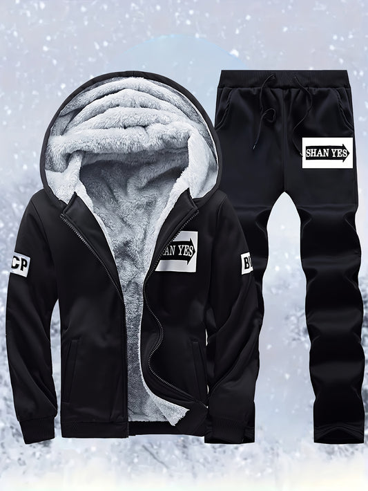 Men's "SHAN YES" Alphabet Print Fuzzy Lining Hooded Sweatshirt And Joggers Set, Warm Athletic Outfit For Running And Outdoor Fitness, Autumn And Winter
