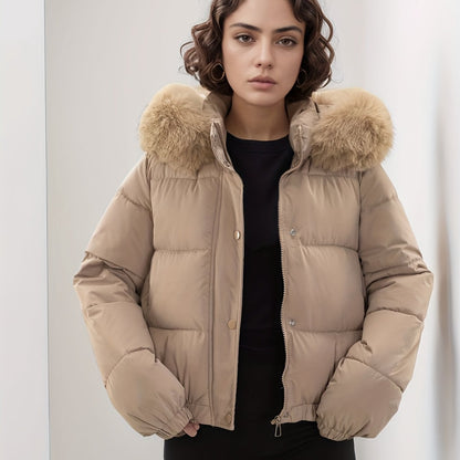 Women'S Winter Coat with Removable Faux Fur Hood - Thickened Loose Fit Long Sleeve Jacket, Zippered Pockets & Button Front, Casual Solid Color Outerwear for Cold Weather, Cozy Warmth, Buttoned Closure, Durable Fabric