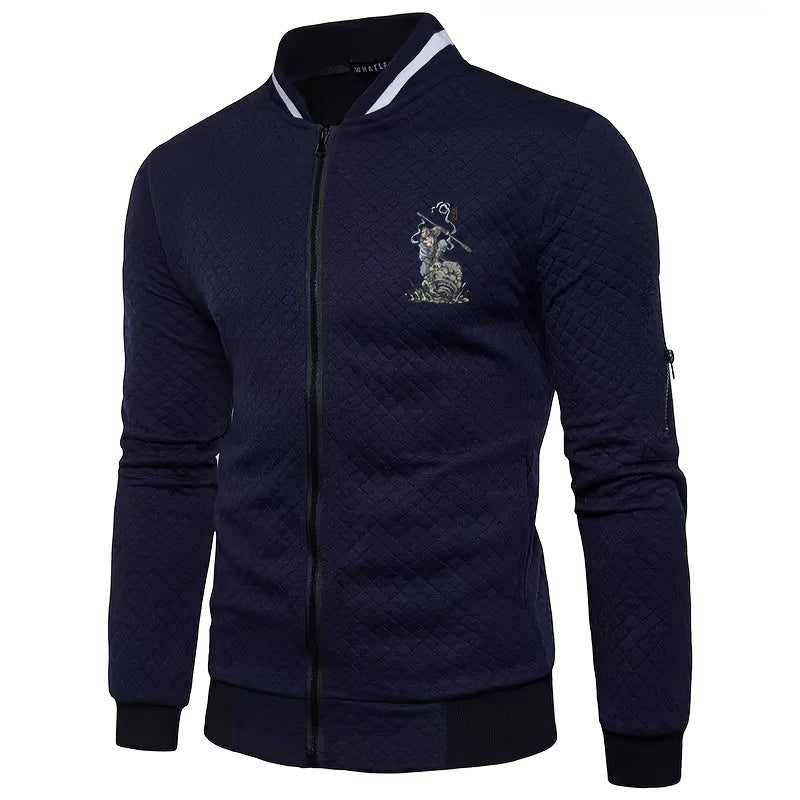 Men's Casual Stand Collar Jacket - 100% Polyester Knit Fabric with Slight Stretch, Solid Color Zippered Spring/Fall Outerwear with Cartoon Embroidery
