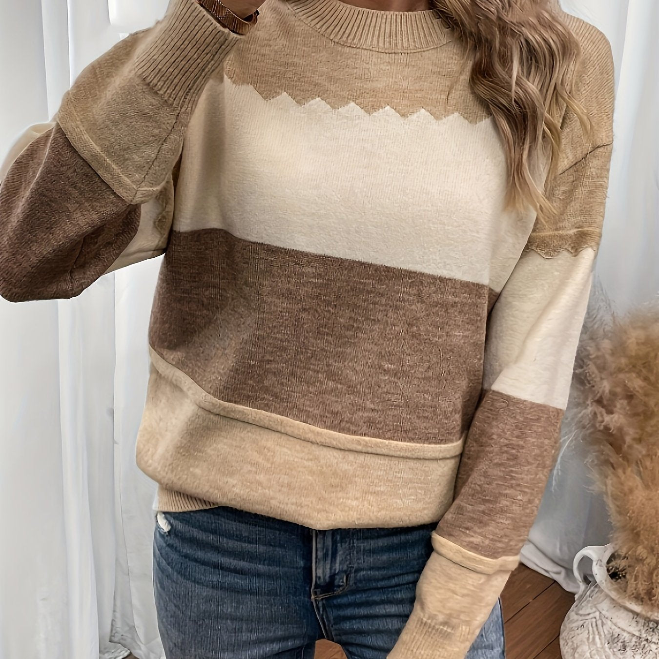 [Durable Build] Women's Elegant Color Block Knit Sweater - Striped Polyester Pullover with Round Neckline, Long Sleeves, Non-Transparent, All-Season Wear, Allseason Sweater | Elegant Knitwear | Polyester Fiber