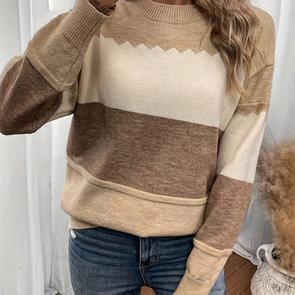 [Durable Build] Women's Elegant Color Block Knit Sweater - Striped Polyester Pullover with Round Neckline, Long Sleeves, Non-Transparent, All-Season Wear, Allseason Sweater | Elegant Knitwear | Polyester Fiber