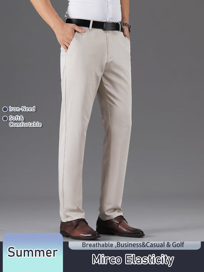 Men's Solid Color Straight Leg Business Style Cotton Blend Pants, Casual Comfy Breathable Outdoor Trousers As Gift