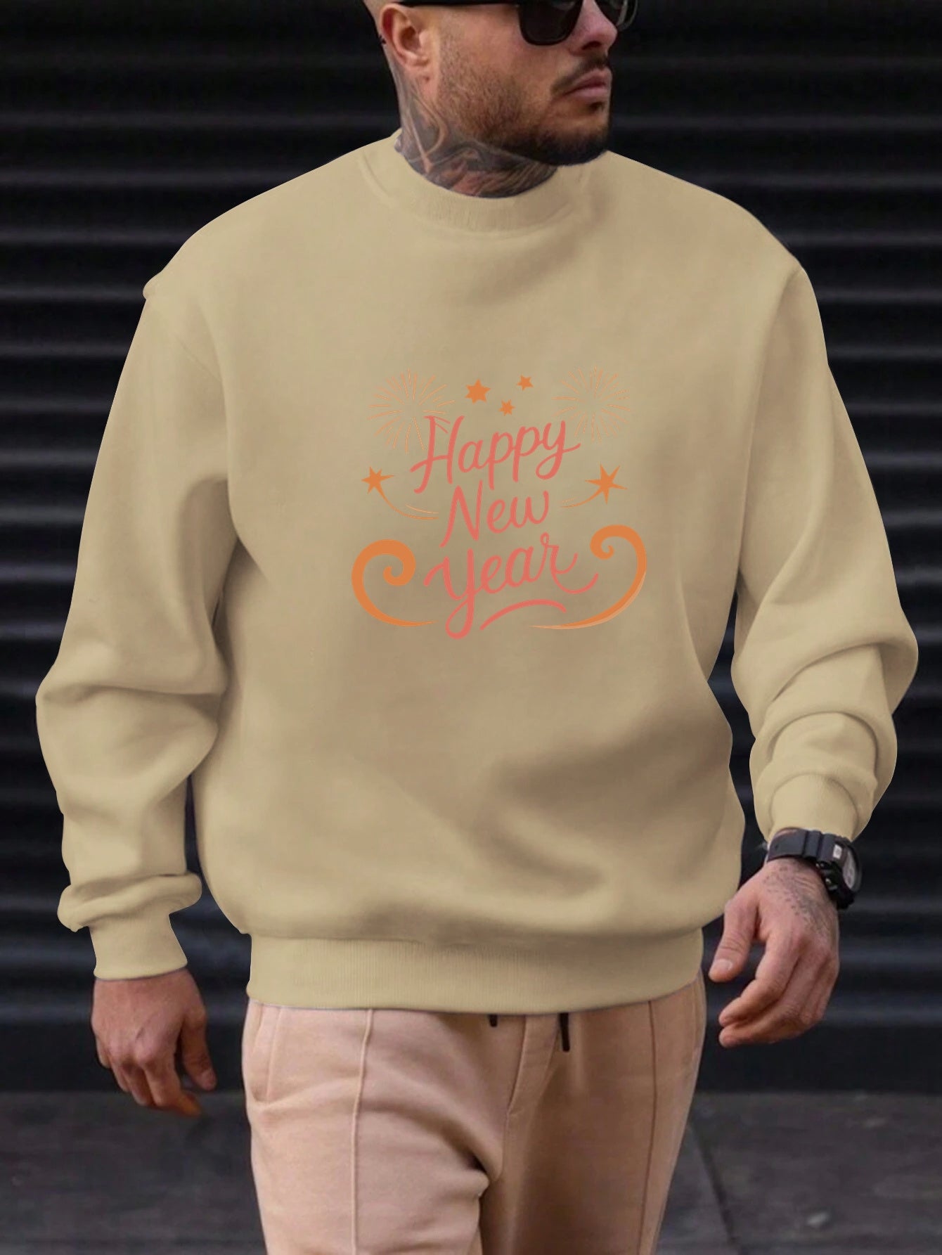 Men'S Happy New Year Sweatshirt - Light Grey with Orange Lettering - Regular Fit Crewneck Pullover for New Year'S Eve, NYE Parties & Casual Attire - Non-Permanent Celebration Sweater for Everyday & Special Occasions, New Year