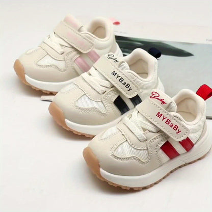 [1pc Unisex Toddler Sports Sneakers] Toddler Sports Sneakers, Unisex Preppy Casual Running Shoes, Striped Low Top Fabric & PU Upper, Breathable Mesh, Soft TPR Sole, with Adjustable Strap Closure, for Spring/Summer, All-Season